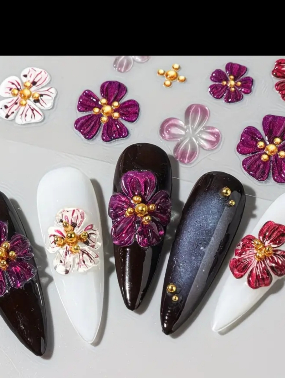 Floral 5D Nail Art Stickers - Pink & Burgundy - Picture 3 of 4